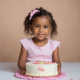 A 4-year-old girl in a photography setting, sitting in front of a cake with the name 'Daisha' inscribed on it.