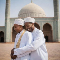 Two Ethiopian Muslim brothers in traditional attire, warmly embracing in front of an ornate mosque. The affectionate moment between them is heightened with the addition of carefully scripted words - 'Big event coming soon...'