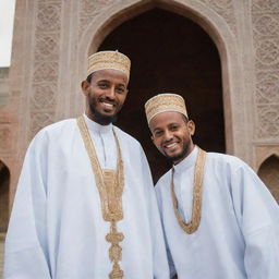 Two Ethiopian Muslim brothers in traditional attire, warmly embracing in front of an ornate mosque. The affectionate moment between them is heightened with the addition of carefully scripted words - 'Big event coming soon...'