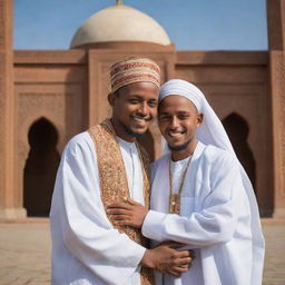 Two Ethiopian Muslim brothers in traditional attire, warmly embracing in front of an ornate mosque. The affectionate moment between them is heightened with the addition of carefully scripted words - 'Big event coming soon...'