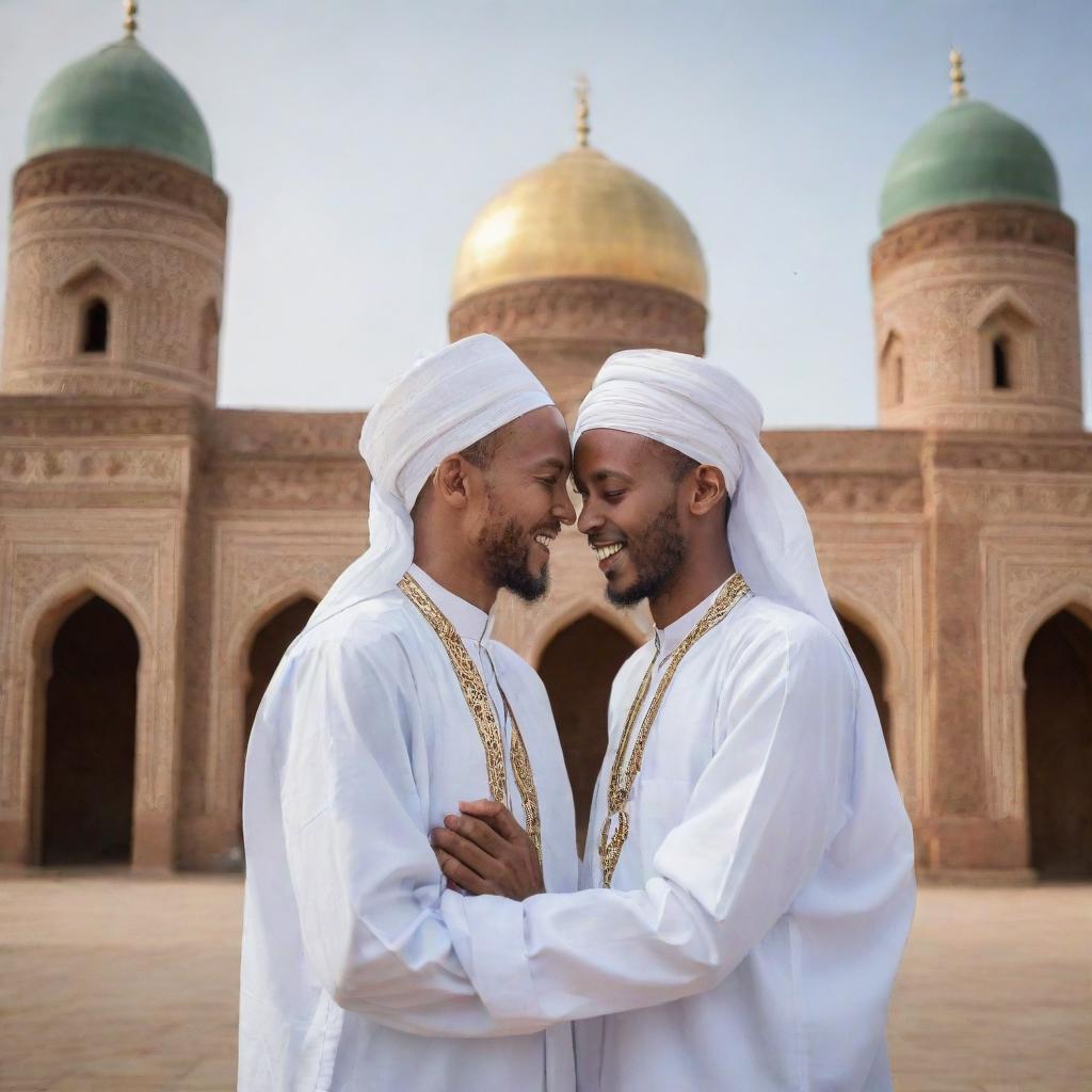 Two Ethiopian Muslim brothers in traditional attire, warmly embracing in front of an ornate mosque. The affectionate moment between them is heightened with the addition of carefully scripted words - 'Big event coming soon...'