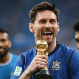 Lionel Messi exuberantly holding up the FIFA World Cup trophy with a radiant smile on his face.