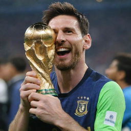 Lionel Messi exuberantly holding up the FIFA World Cup trophy with a radiant smile on his face.