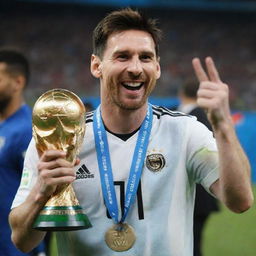 Lionel Messi exuberantly holding up the FIFA World Cup trophy with a radiant smile on his face.