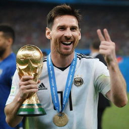 Lionel Messi exuberantly holding up the FIFA World Cup trophy with a radiant smile on his face.