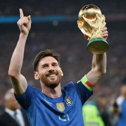 Lionel Messi exuberantly holding up the FIFA World Cup trophy with a radiant smile on his face.