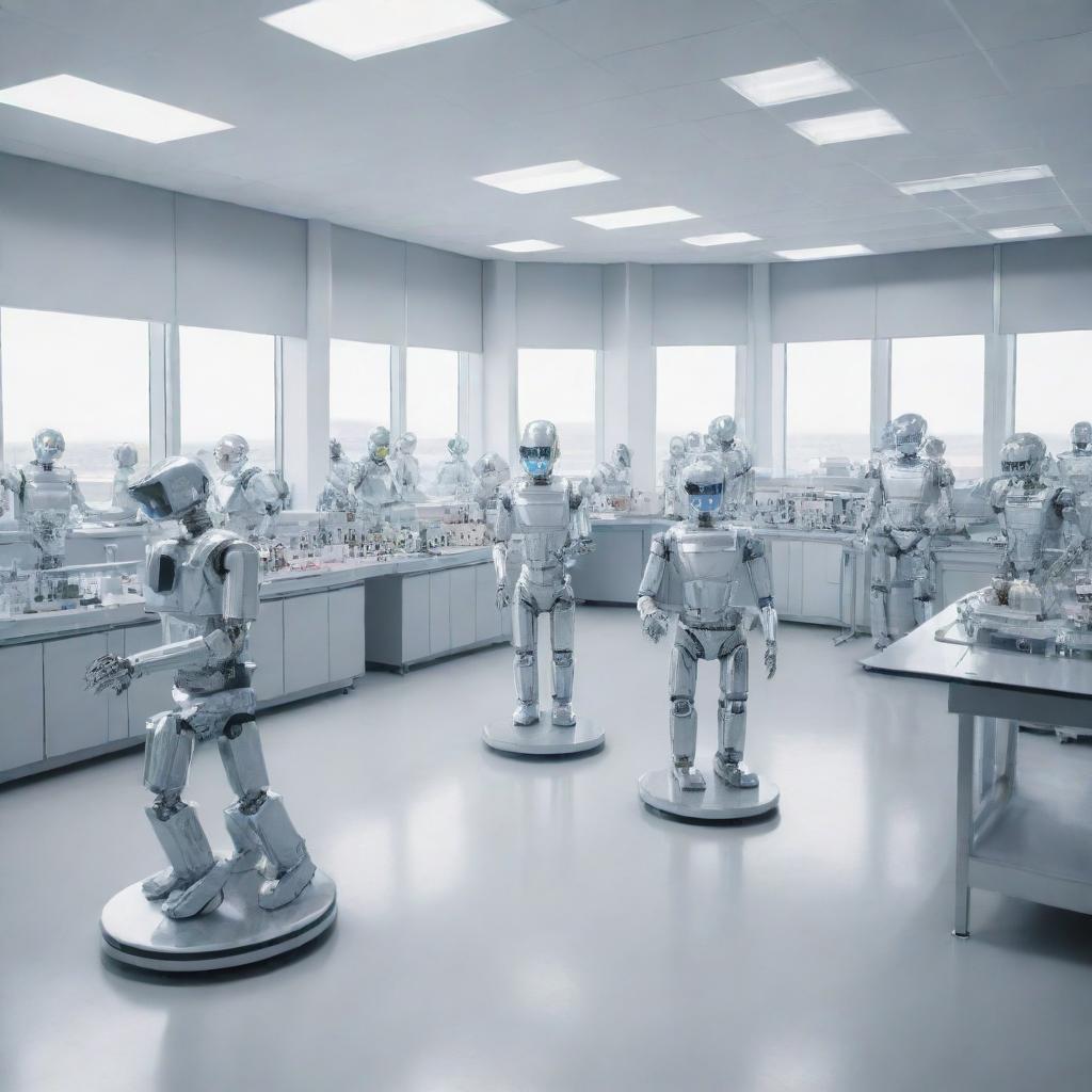 Modern high-tech laboratory scene filled with robots, cutting edge technology and professors dressed in shiny aluminum outfits, engaged in various scientific activities.