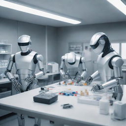 Modern high-tech laboratory scene filled with robots, cutting edge technology and professors dressed in shiny aluminum outfits, engaged in various scientific activities.