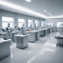 Modern high-tech laboratory scene filled with robots, cutting edge technology and professors dressed in shiny aluminum outfits, engaged in various scientific activities.