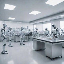 Modern high-tech laboratory scene filled with robots, cutting edge technology and professors dressed in shiny aluminum outfits, engaged in various scientific activities.