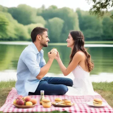 The couple enjoyed a romantic picnic by the lake, feeding each other finger food and sharing sweet moments together.