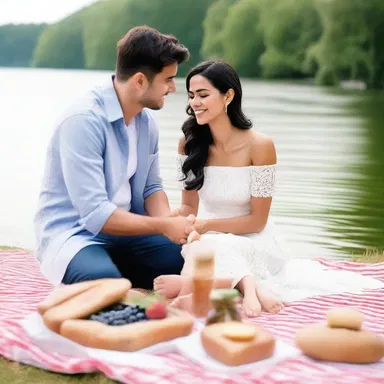 The couple enjoyed a romantic picnic by the lake, feeding each other finger food and sharing sweet moments together.