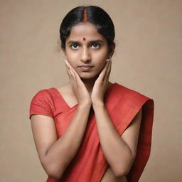 An endearing girl in a red saree, her hands cupping her ears, with an expression that is offering an apology.