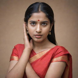 An endearing girl in a red saree, her hands cupping her ears, with an expression that is offering an apology.