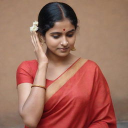 An endearing girl in a red saree, her hands cupping her ears, with an expression that is offering an apology.