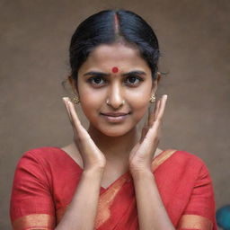 An endearing girl in a red saree, her hands cupping her ears, with an expression that is offering an apology.