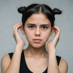 A foreign-looking girl standing, her hands tugging on her ears, conveying a saddened expression while wearing a black top.