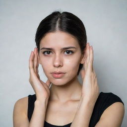 A foreign-looking girl standing, her hands tugging on her ears, conveying a saddened expression while wearing a black top.