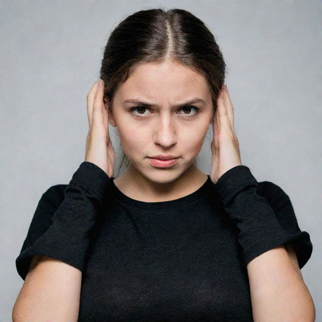 A foreign-looking girl standing, her hands tugging on her ears, conveying a saddened expression while wearing a black top.