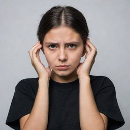 A foreign-looking girl standing, her hands tugging on her ears, conveying a saddened expression while wearing a black top.