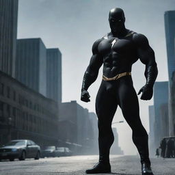 A visually striking image of Eclipse Enforcer, an enigmatic black-themed superhero with a muscular physique, depicted as a formidable guardian standing against the drug mafia's hold on the city.