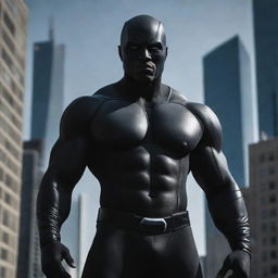 A visually striking image of Eclipse Enforcer, an enigmatic black-themed superhero with a muscular physique, depicted as a formidable guardian standing against the drug mafia's hold on the city.