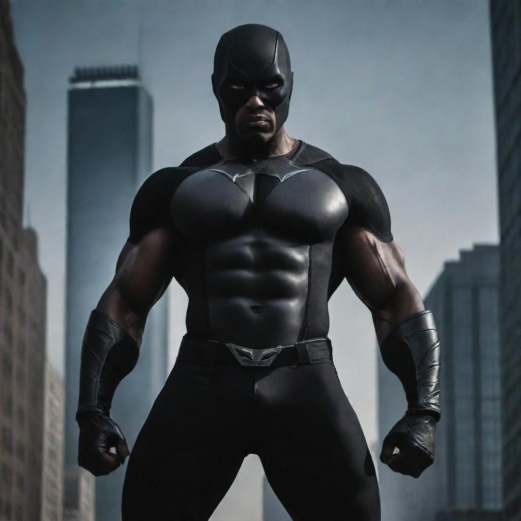 A visually striking image of Eclipse Enforcer, an enigmatic black-themed superhero with a muscular physique, depicted as a formidable guardian standing against the drug mafia's hold on the city.