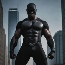 A visually striking image of Eclipse Enforcer, an enigmatic black-themed superhero with a muscular physique, depicted as a formidable guardian standing against the drug mafia's hold on the city.