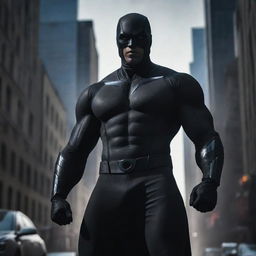 A visually striking image of Eclipse Enforcer, an enigmatic black-themed superhero with a muscular physique, depicted as a formidable guardian standing against the drug mafia's hold on the city.