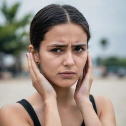 A foreign-looking girl, with a saddened expression, tugging on her ears firmly using her fingers, dressed in a black top.