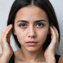 A foreign-looking girl, with a saddened expression, tugging on her ears firmly using her fingers, dressed in a black top.