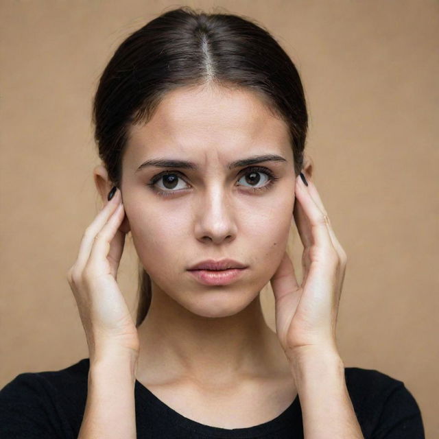 A foreign-looking girl, with a saddened expression, tugging on her ears firmly using her fingers, dressed in a black top.