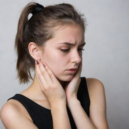 A foreign-looking girl, with a saddened expression, tugging on her ears firmly using her fingers, dressed in a black top.