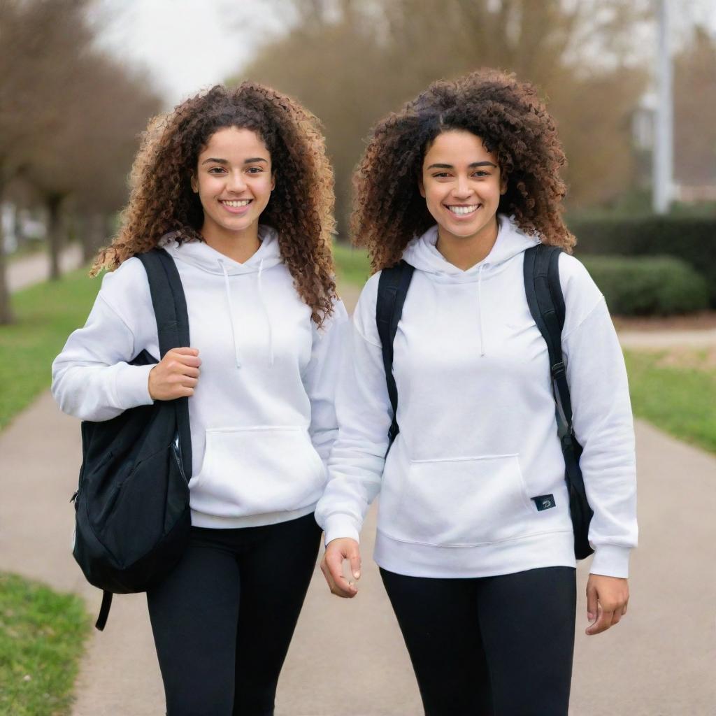 A girl with curly hair dressed in a white hoodie and medium length leggings, carrying a black backpack standing next to Ali Yasini, both smiling.