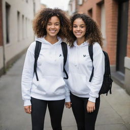 A girl with curly hair dressed in a white hoodie and medium length leggings, carrying a black backpack standing next to Ali Yasini, both smiling.