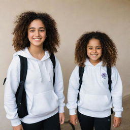 A girl with curly hair dressed in a white hoodie and medium length leggings, carrying a black backpack standing next to Ali Yasini, both smiling.