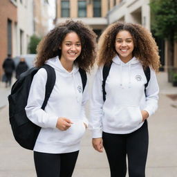 A girl with curly hair dressed in a white hoodie and medium length leggings, carrying a black backpack standing next to Ali Yasini, both smiling.