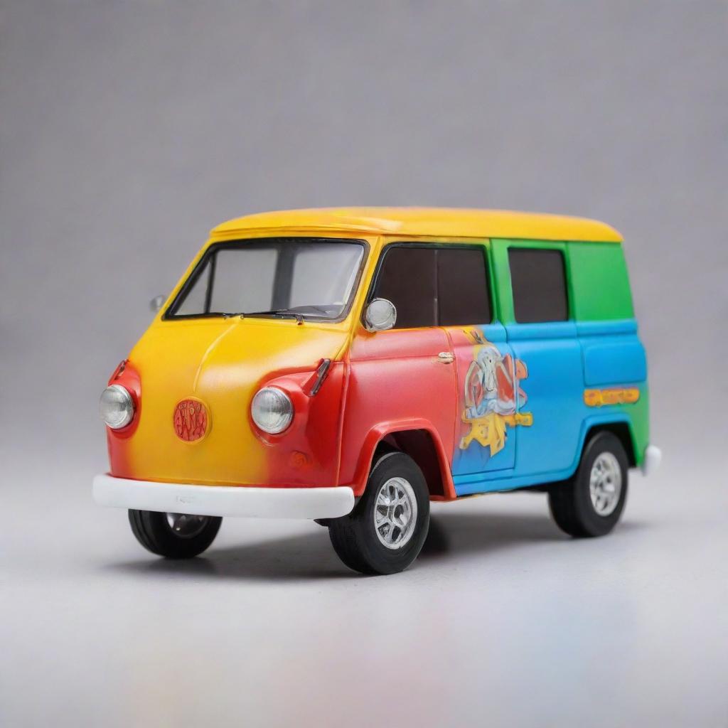 A small, vibrantly colored multicab in the style of a hot wheels toy