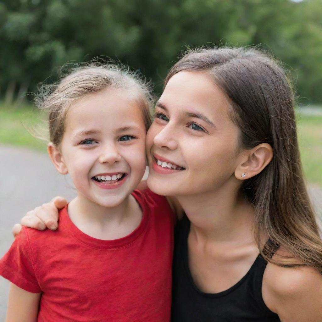 A boy in a black T-shirt playfully pulling the ear of a cute girl wearing a red top.