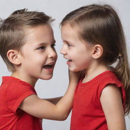 A boy in a black T-shirt playfully pulling the ear of a cute girl wearing a red top.