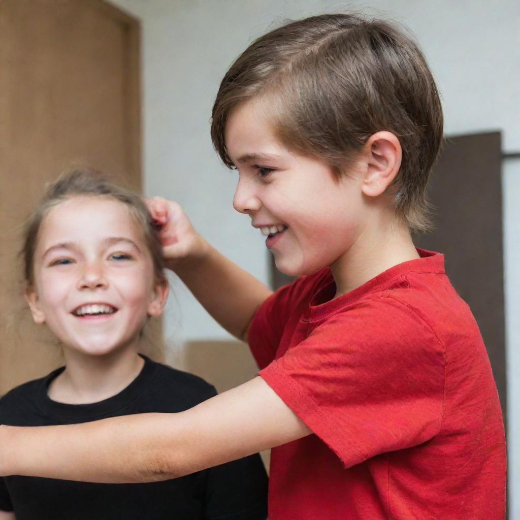 A boy in a black T-shirt playfully pulling the ear of a cute girl wearing a red top.