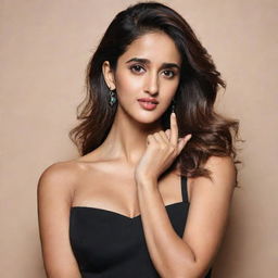 Actress Disha Patani pulling her own ears with her fingers, dressed elegantly in a black outfit.