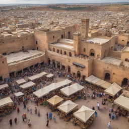 A vibrant view of the Moroccan city, Fes, during the early 1200s, with busy marketplaces, traditional Moroccan architecture, and bustling streets alive with both locals and animals.