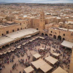 A vibrant view of the Moroccan city, Fes, during the early 1200s, with busy marketplaces, traditional Moroccan architecture, and bustling streets alive with both locals and animals.