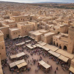 A vibrant view of the Moroccan city, Fes, during the early 1200s, with busy marketplaces, traditional Moroccan architecture, and bustling streets alive with both locals and animals.