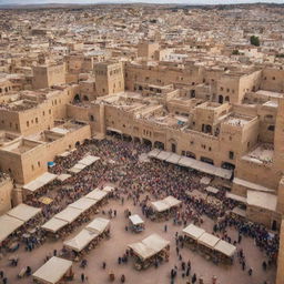 A vibrant view of the Moroccan city, Fes, during the early 1200s, with busy marketplaces, traditional Moroccan architecture, and bustling streets alive with both locals and animals.