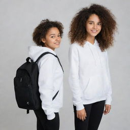 A girl with curly hair wearing a white hoodie and medium length leggings carrying a black backpack standing next to Ali Yasini.