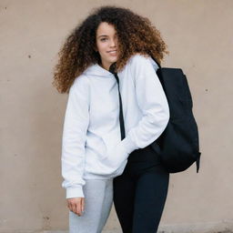 A girl with curly hair wearing a white hoodie and medium length leggings carrying a black backpack standing next to Ali Yasini.