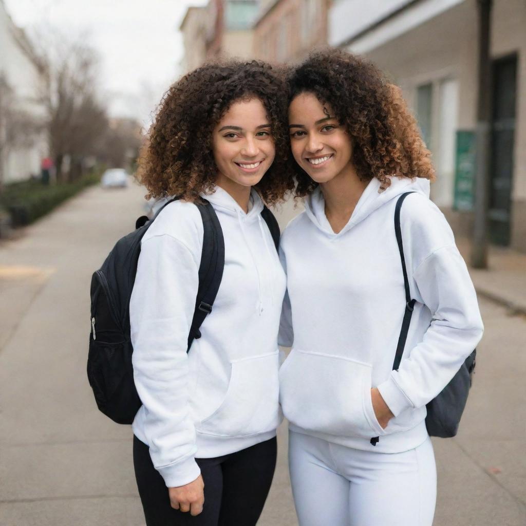 A girl with curly hair wearing a white hoodie and medium length leggings carrying a black backpack standing next to Ali Yasini.