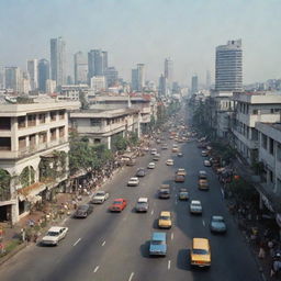 A bustling cityscape of Jakarta in 1980, showcasing its unique architecture and liveliness, with vintage cars on asphalt streets, under a clear sky